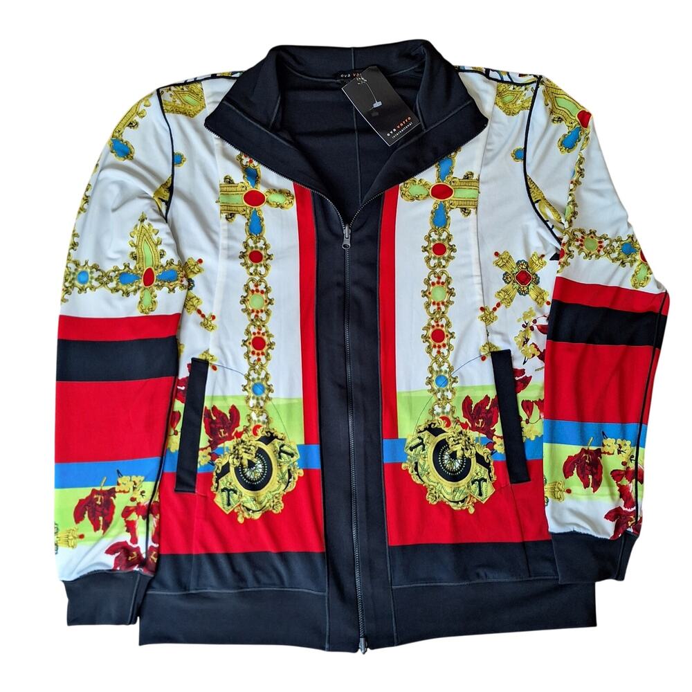 NWT Eva Varro Women XL Full Zip Track Jacket Baroque Jewel Cross Chain Print USA
